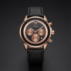 TOMI Luxury Rose Gold Chronograph Men’s Watch with Black Leather Strap