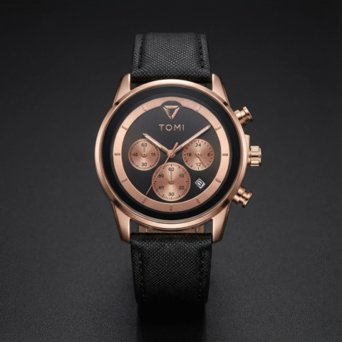 TOMI Luxury Rose Gold Chronograph Men’s Watch with Black Leather Strap