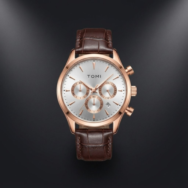 TOMI Elite Rose Gold Chronograph Men’s Watch with Brown Leather Strap