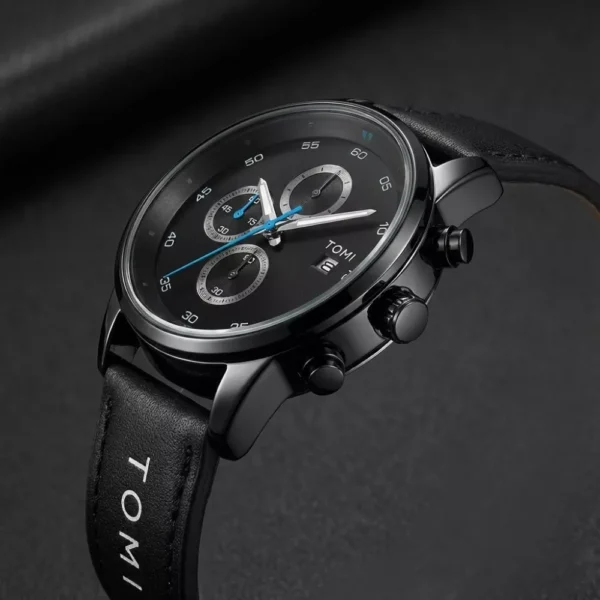 TOMI Black Edition Chronograph Men’s Watch Gift Set with Leather Strap, Cufflinks & Tie Clip