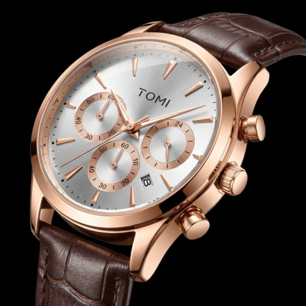 TOMI Elite Rose Gold Chronograph Men’s Watch with Brown Leather Strap