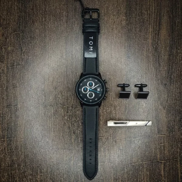 TOMI Black Edition Chronograph Men’s Watch Gift Set with Leather Strap, Cufflinks & Tie Clip