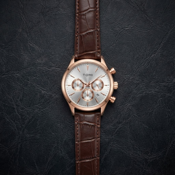 TOMI Elite Rose Gold Chronograph Men’s Watch with Brown Leather Strap