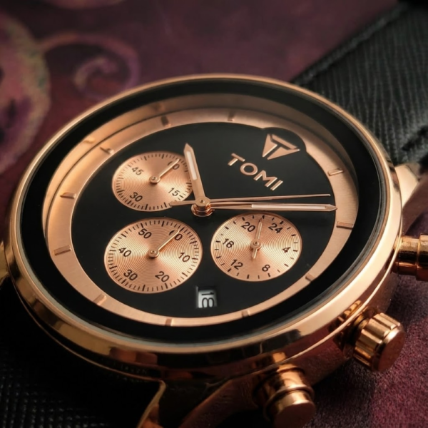 TOMI Luxury Rose Gold Chronograph Men’s Watch with Black Leather Strap