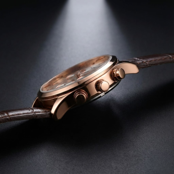 TOMI Elite Rose Gold Chronograph Men’s Watch with Brown Leather Strap