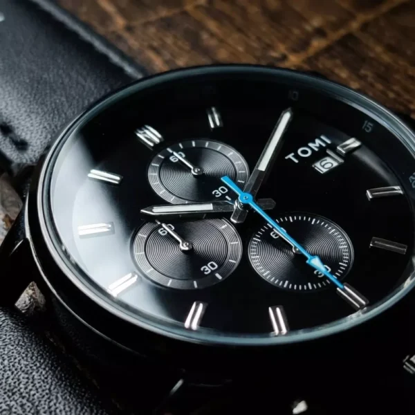 TOMI Black Edition Chronograph Men’s Watch Gift Set with Leather Strap, Cufflinks & Tie Clip