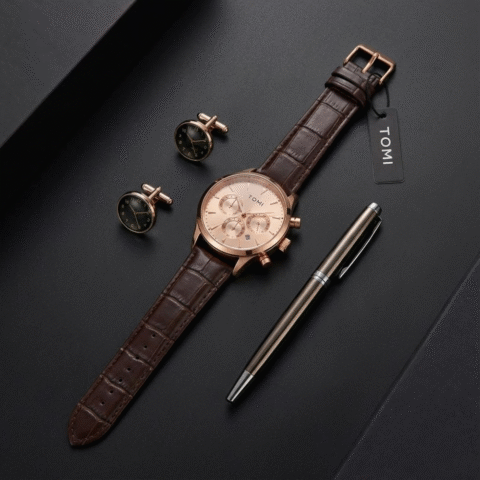 TOMI Elite Rose Gold Chronograph Men’s Watch with Brown Leather Strap