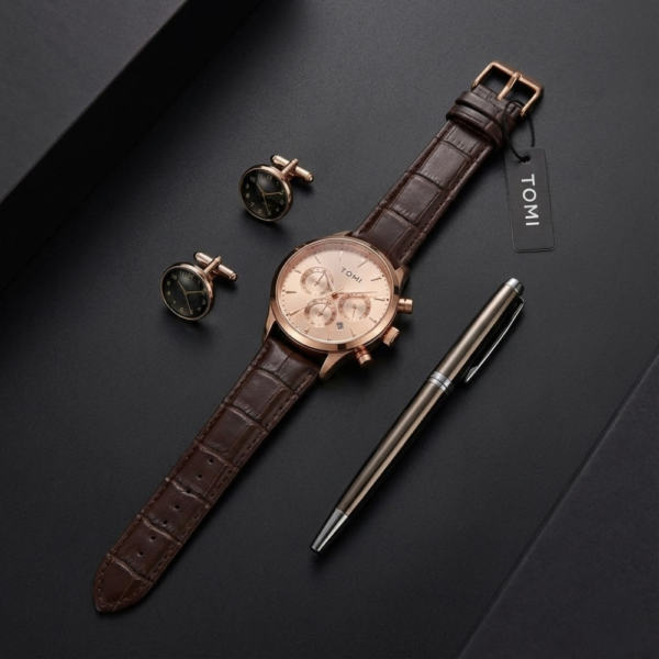 TOMI Elite Rose Gold Chronograph Men’s Watch with Brown Leather Strap