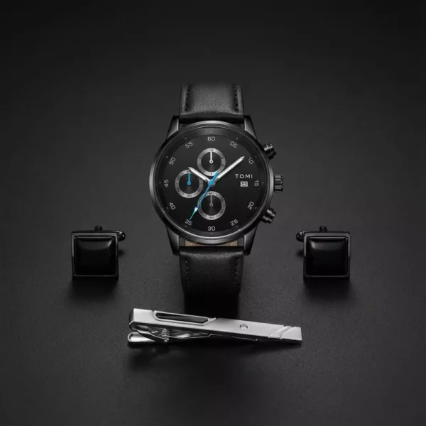 TOMI Black Edition Chronograph Men’s Watch Gift Set with Leather Strap, Cufflinks & Tie Clip