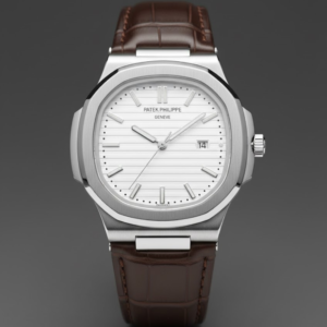Patek Philippe Nautilus Stainless Steel with White Dial on Brown Leather Strap