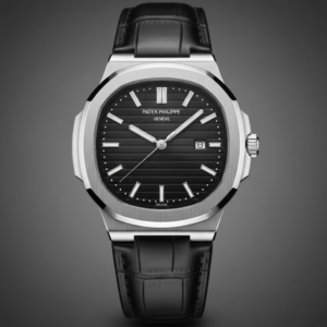Patek Philippe Nautilus Stainless Steel with Black Dial on Black Leather Strap
