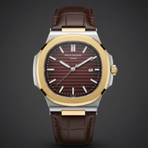 Patek Philippe Nautilus Two-Tone Stainless Steel & Yellow Gold with Burgundy Dial on Brown Leather Strap
