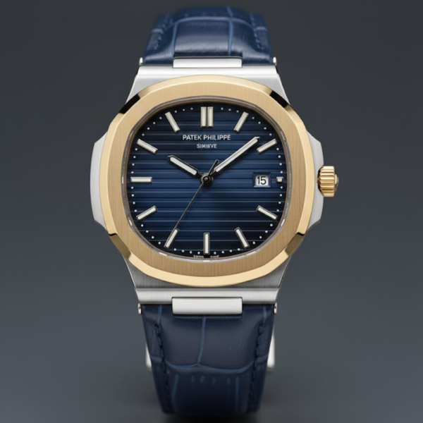 Patek Philippe Nautilus Two-Tone Stainless Steel & Yellow Gold with Blue Dial on Blue Leather Strap