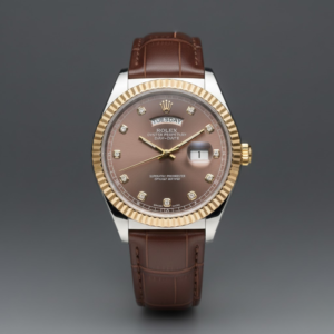 Rolex Oyster Perpetual Day-Date Yellow Gold with Chocolate Diamond Dial on Brown Leather Strap