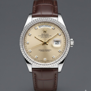 Rolex Oyster Perpetual Day-Date with Champagne Diamond Dial on Brown Leather Strap