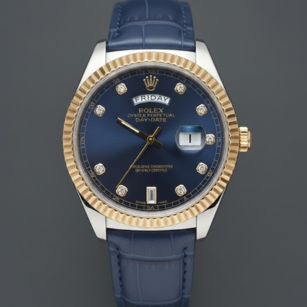 Rolex Oyster Perpetual Day-Date Yellow Gold with Blue Diamond Dial on Blue Leather Strap