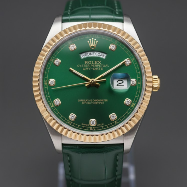 Rolex Oyster Perpetual Day-Date Yellow Gold with Green Diamond Dial on Green Leather Strap