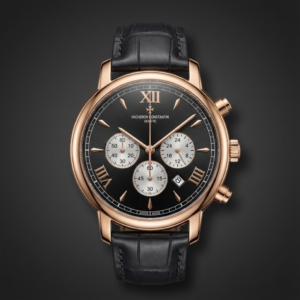 Vacheron Constantin Rose Gold Chronograph Watch with Black Dial & Leather Strap