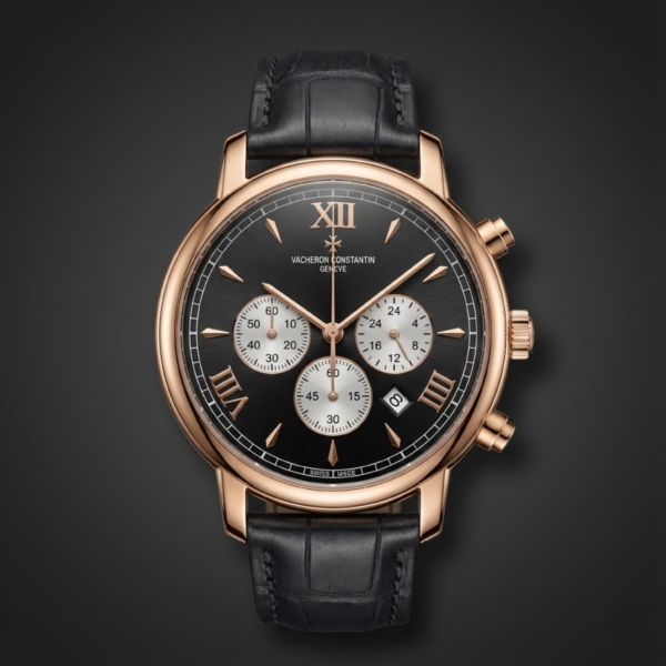 Vacheron Constantin Rose Gold Chronograph Watch with Black Dial & Leather Strap