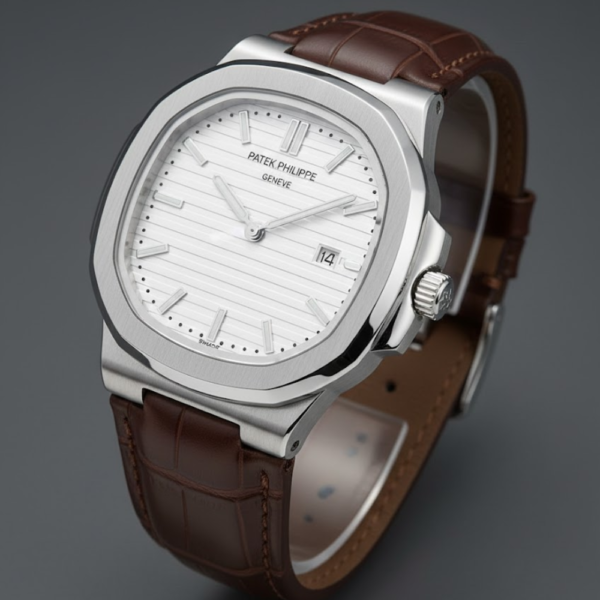 Patek Philippe Nautilus Stainless Steel with White Dial on Brown Leather Strap