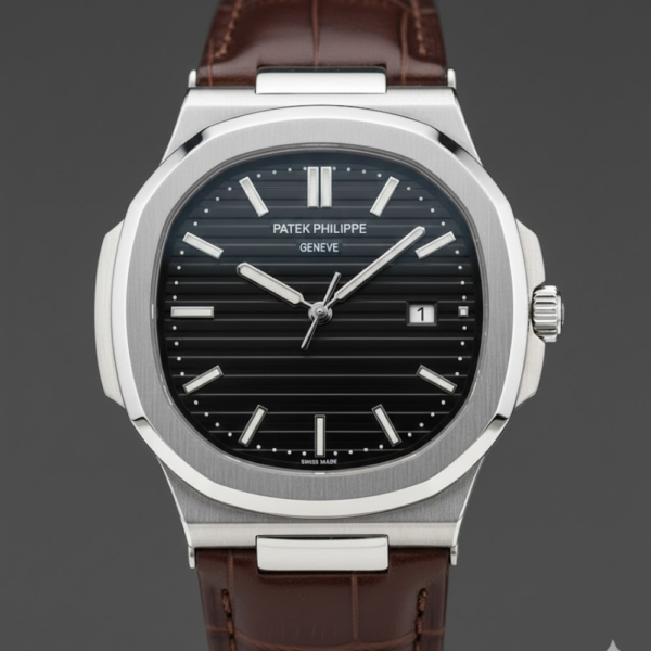 Patek Philippe Nautilus Stainless Steel with Black Dial on Brown Leather Strap