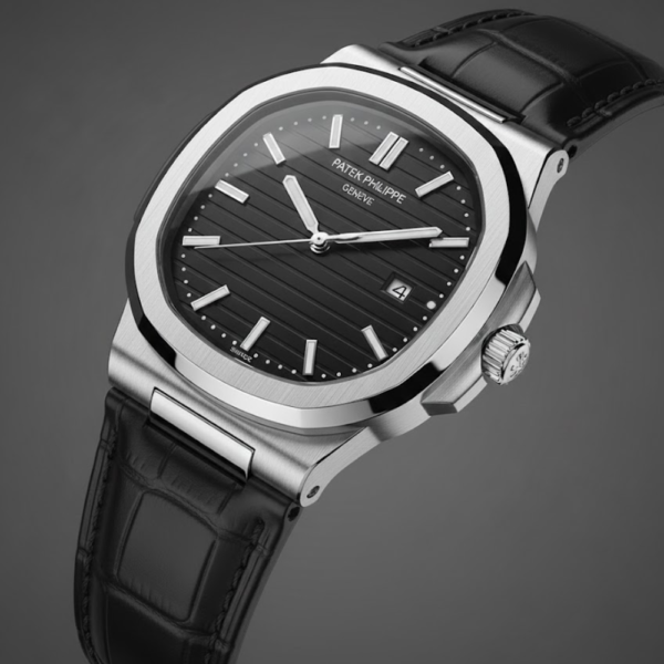 Patek Philippe Nautilus Stainless Steel with Black Dial on Black Leather Strap