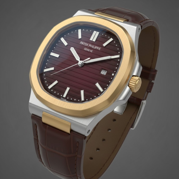 Patek Philippe Nautilus Two-Tone Stainless Steel & Yellow Gold with Burgundy Dial on Brown Leather Strap