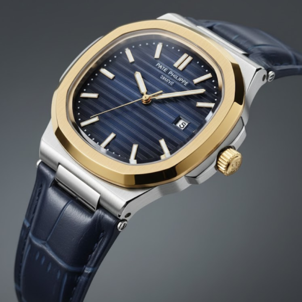 Patek Philippe Nautilus Two-Tone Stainless Steel & Yellow Gold with Blue Dial on Blue Leather Strap