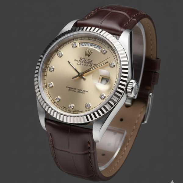 Rolex Oyster Perpetual Day-Date with Champagne Diamond Dial on Brown Leather Strap