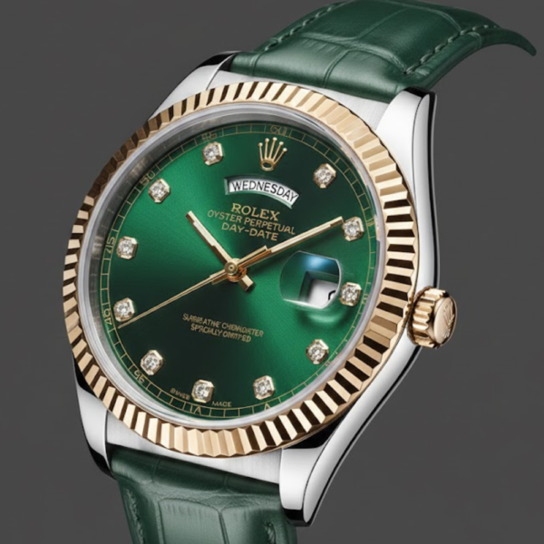 Rolex Oyster Perpetual Day-Date Yellow Gold with Green Diamond Dial on Green Leather Strap