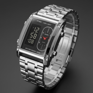 SKMEI Dual-Display Digital-Analog Stainless Steel Watch with LED Light