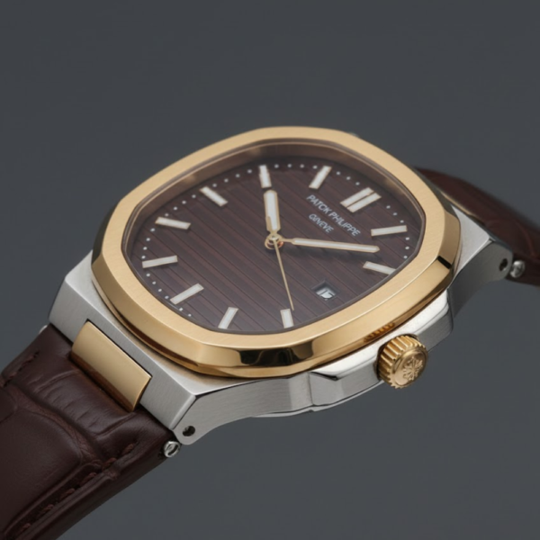 Patek Philippe Nautilus Two-Tone Stainless Steel & Yellow Gold with Burgundy Dial on Brown Leather Strap
