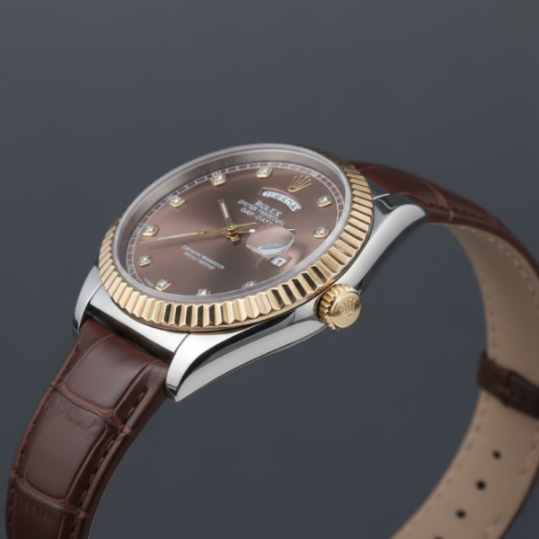 Rolex Oyster Perpetual Day-Date Yellow Gold with Chocolate Diamond Dial on Brown Leather Strap