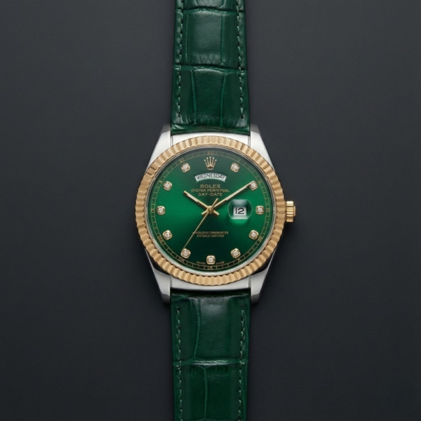 Rolex Oyster Perpetual Day-Date Yellow Gold with Green Diamond Dial on Green Leather Strap