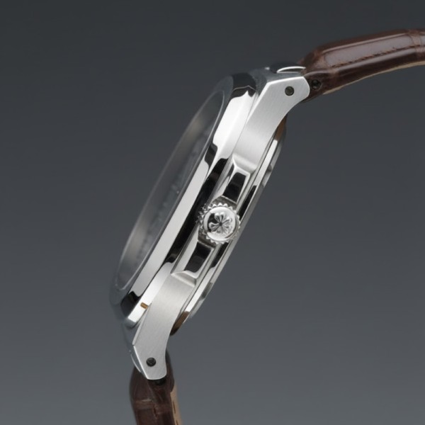 Patek Philippe Nautilus Stainless Steel with White Dial on Brown Leather Strap