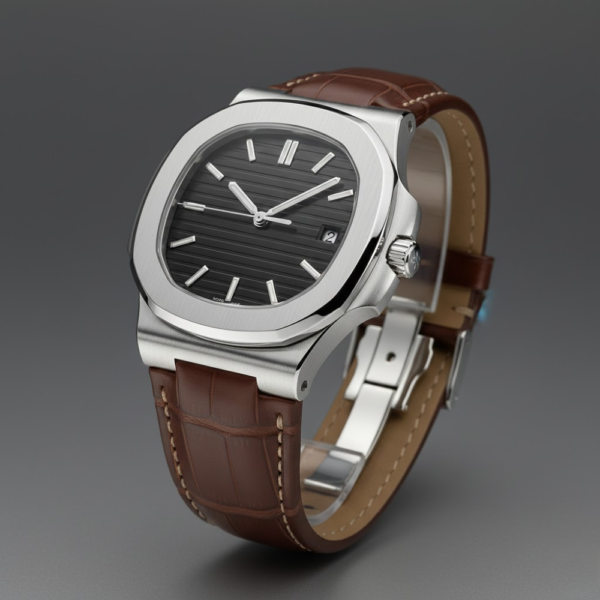 Patek Philippe Nautilus Stainless Steel with Black Dial on Brown Leather Strap