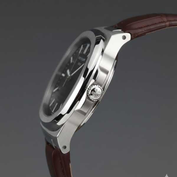 Patek Philippe Nautilus Stainless Steel with Black Dial on Brown Leather Strap