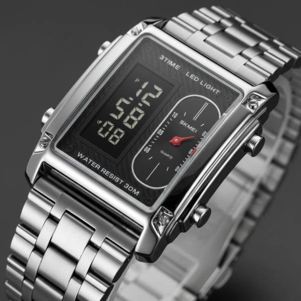 SKMEI Dual-Display Digital-Analog Stainless Steel Watch with LED Light