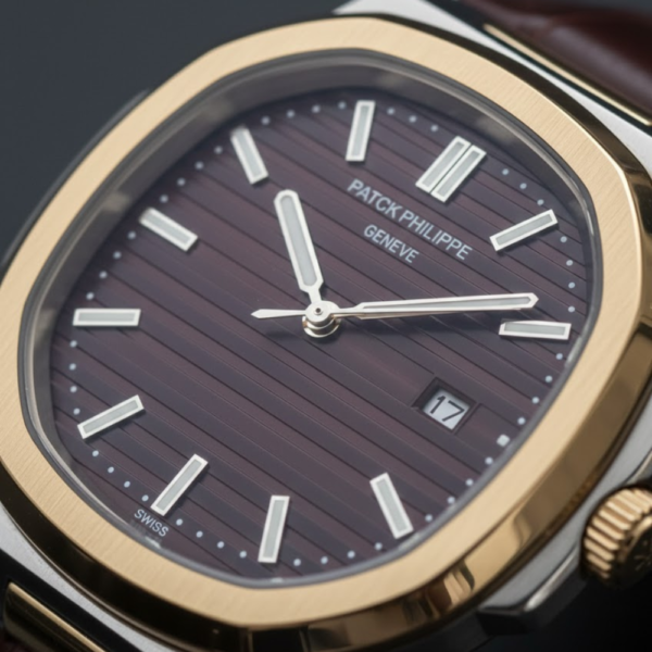 Patek Philippe Nautilus Two-Tone Stainless Steel & Yellow Gold with Burgundy Dial on Brown Leather Strap