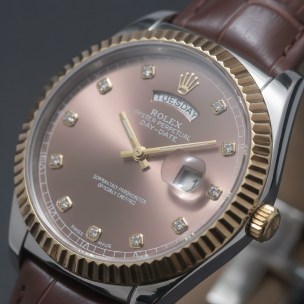 Rolex Oyster Perpetual Day-Date Yellow Gold with Chocolate Diamond Dial on Brown Leather Strap