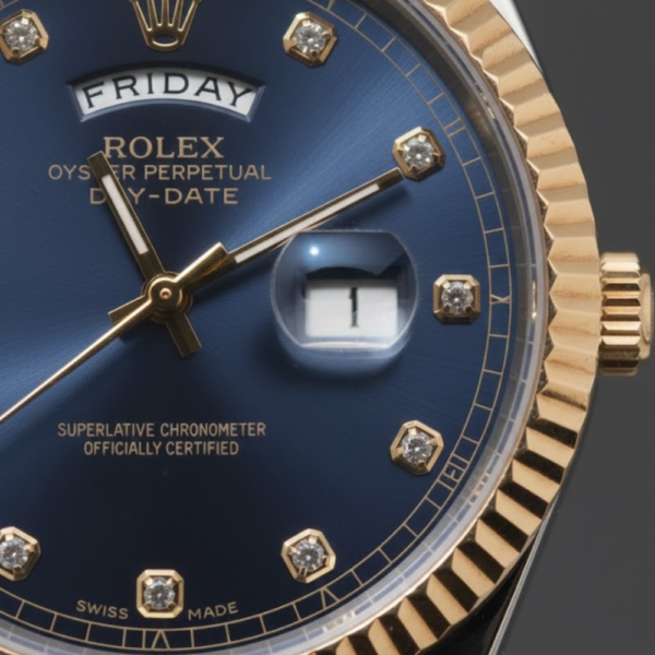 Rolex Oyster Perpetual Day-Date Yellow Gold with Blue Diamond Dial on Blue Leather Strap