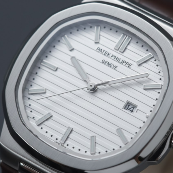 Patek Philippe Nautilus Stainless Steel with White Dial on Brown Leather Strap